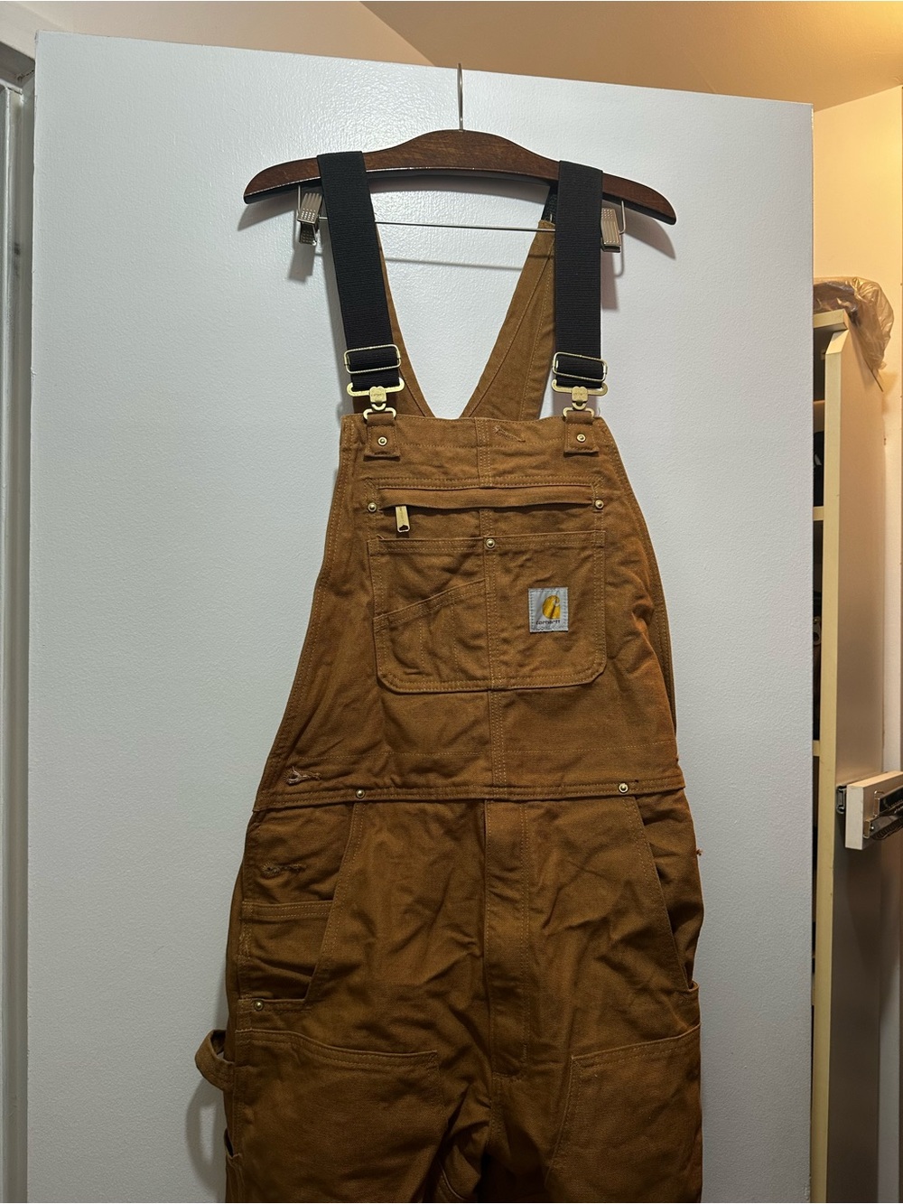 Carhartt Men's Brown Duck Overalls with Black Adjustable Straps